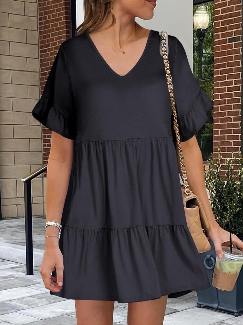 Anrabess Women's Black Floral Neck Ruffle Sleeve A Line Tiered Mini Flowy Dress - Picture 6 of 6